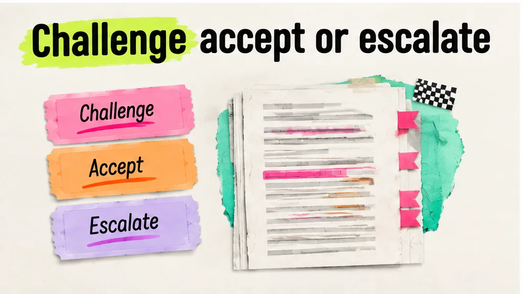 Three routes on the marked draft: challenge, accept or escalate, no face