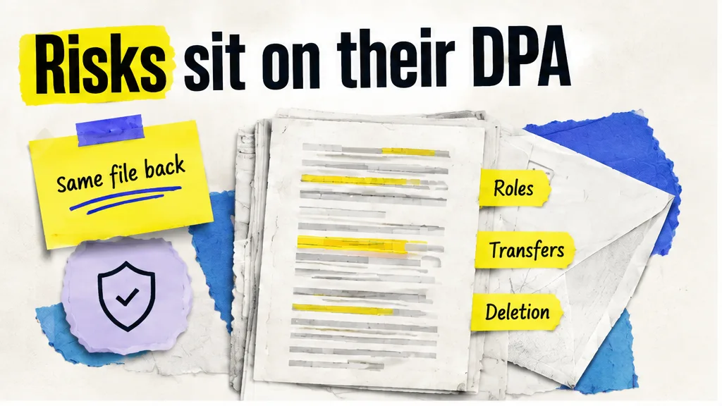 Vendor DPA page with flags on roles, transfers and deletion, no face