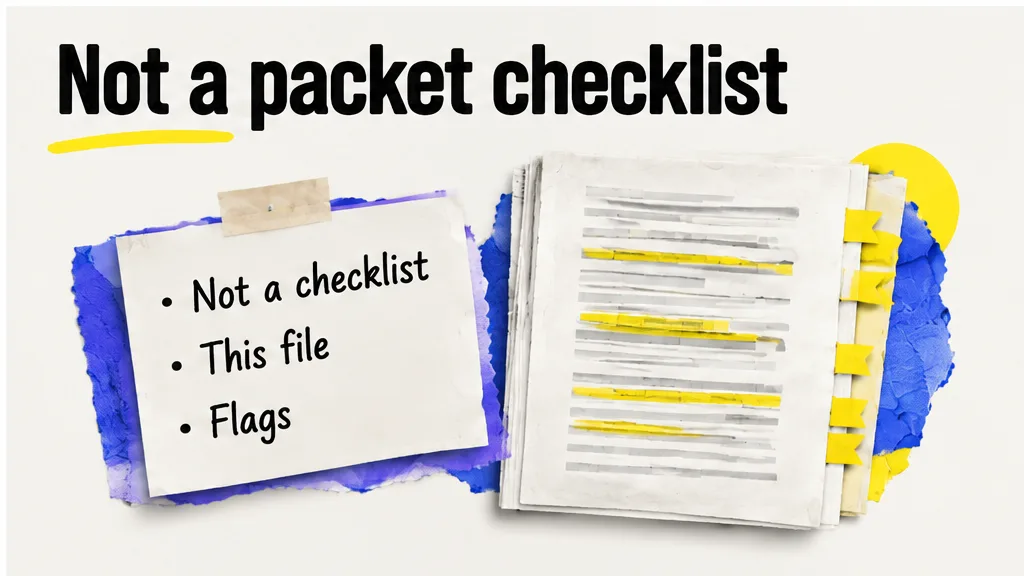 Packet checklist held aside from the marked file, no face