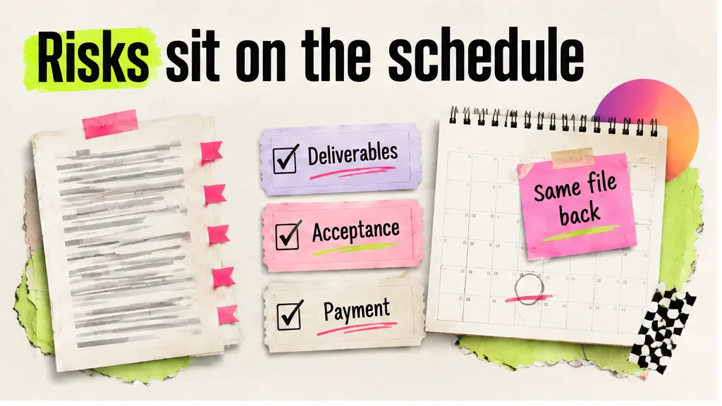 Statement of work with flags on deliverables, acceptance and payment, no face