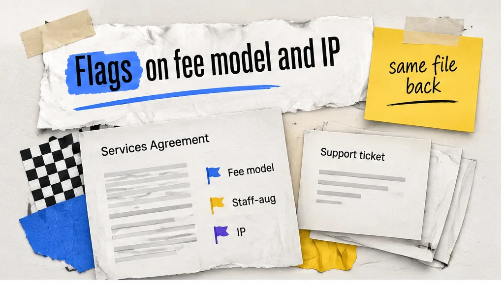 Professional services agreement with flags on fee model, staff-aug and IP, no face