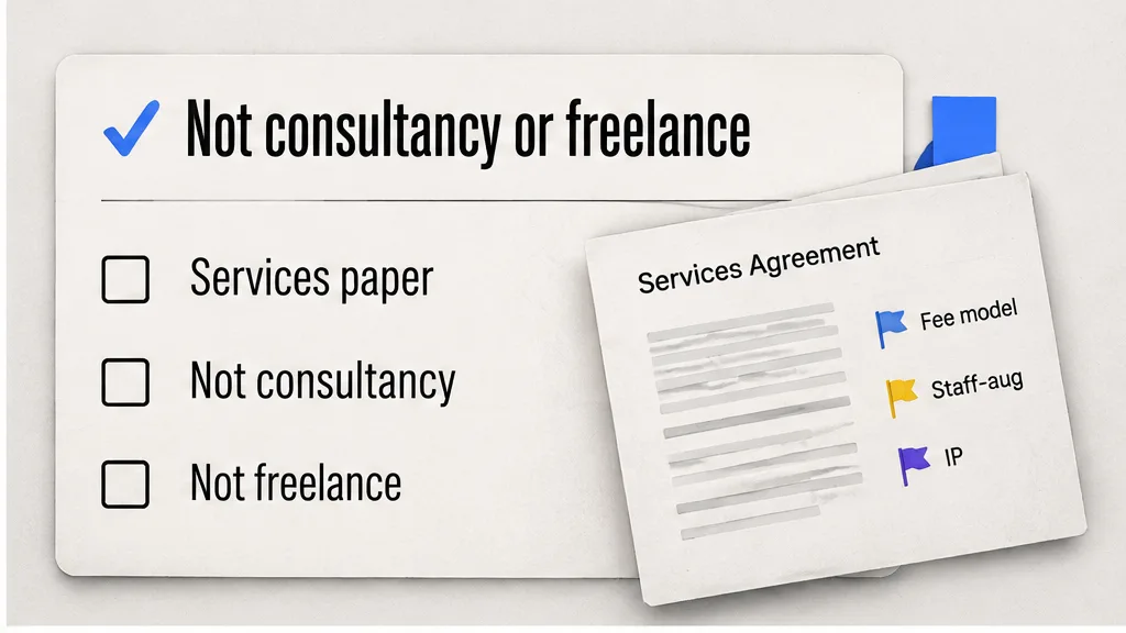 PSA draft with flags on fee model, staff-aug and IP clauses, no face