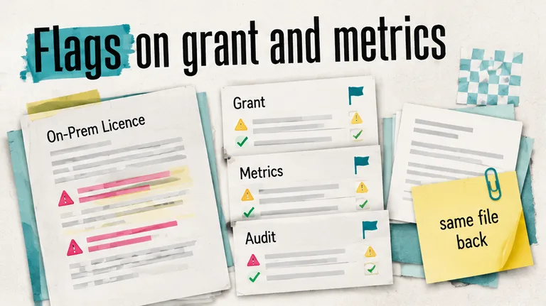 On-prem software licence with flags on grant, metrics and audit, no face