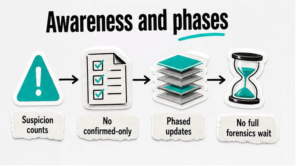 Awareness suspicion and phased-update workflow for breach notice