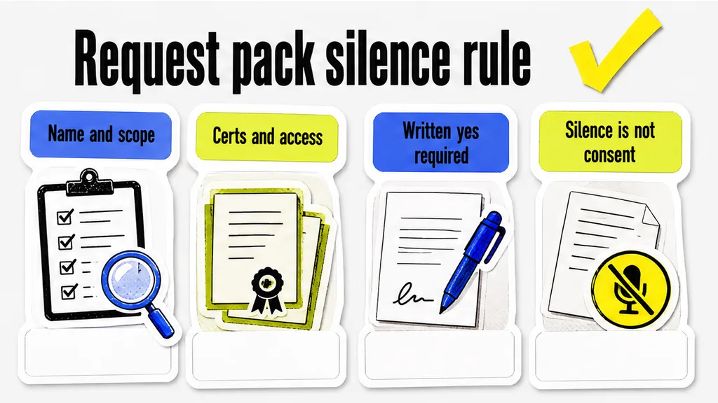 Request pack checklist with silence-is-not-consent stamp