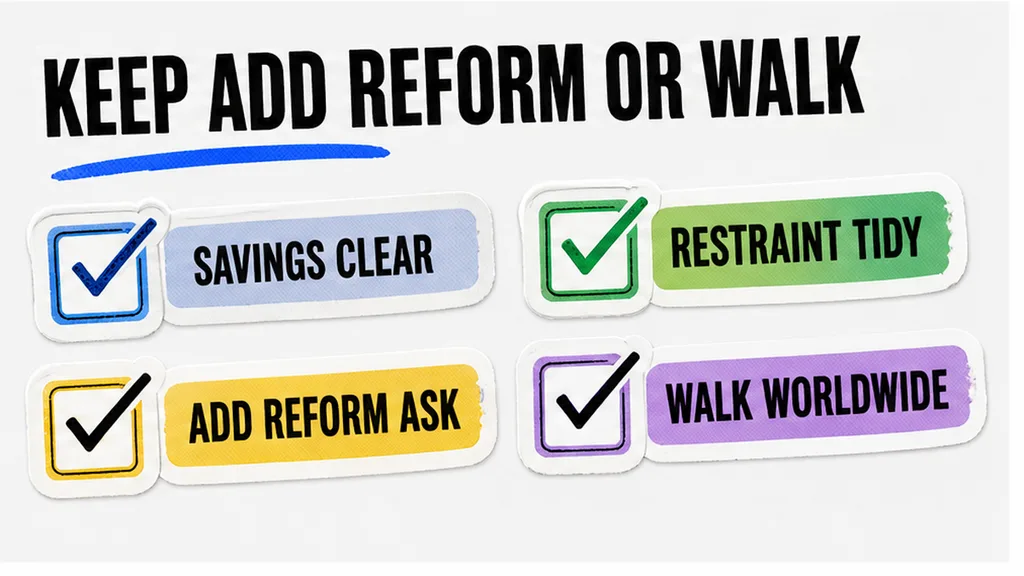 Checklist board for keep, add reform, or walk
