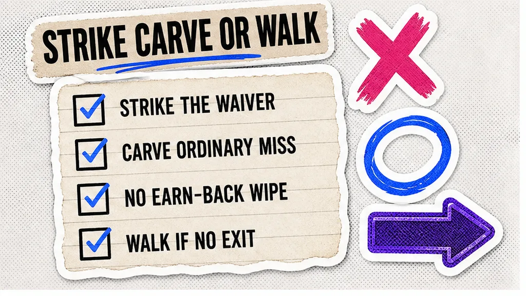 Checklist board for strike, carve, or walk on an exclusive-remedy sentence