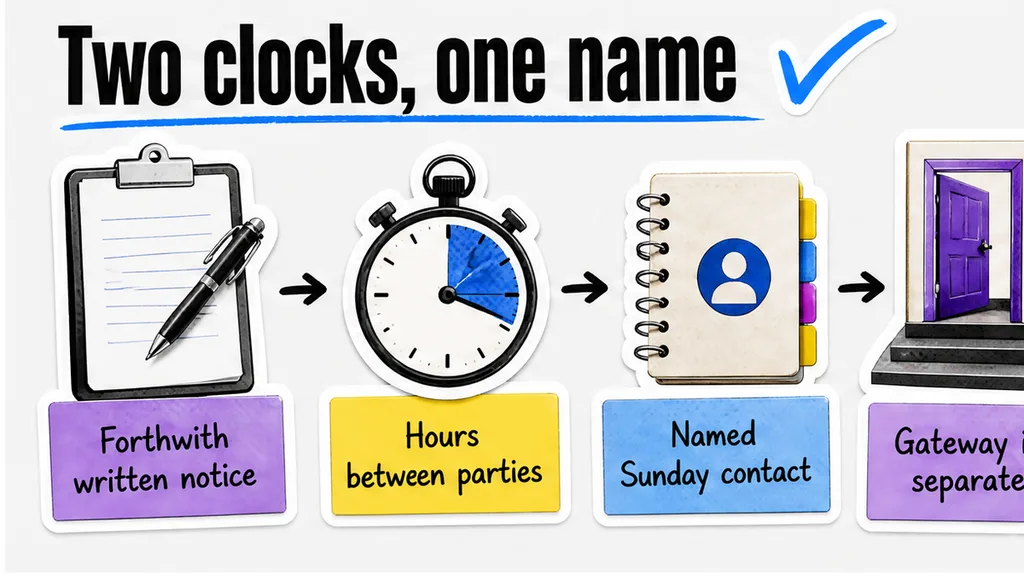 Workflow diagram: Which clock runs, and who is named to answer it?