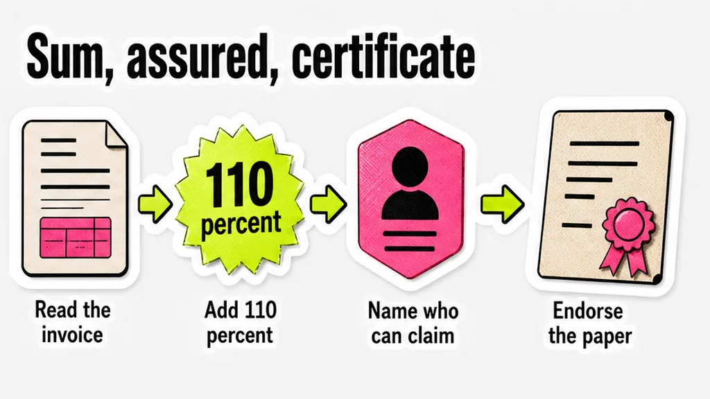 Workflow diagram: What to record for the sum, the assured, and the certificate?