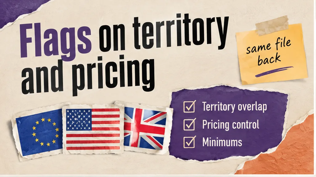 Distributor paper with flags on territory overlap, pricing control and minimums, no face
