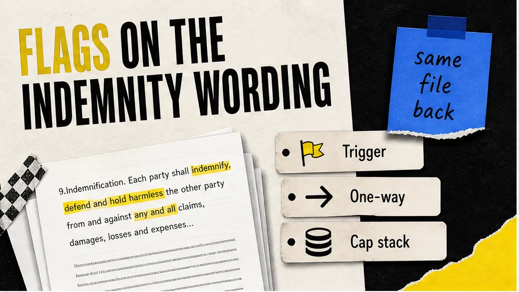 Whole contract with flags on the indemnity trigger, one-way wording and cap stack, no face
