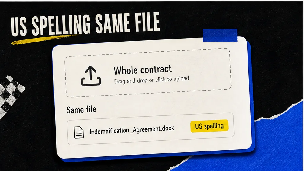 Uploaded contract with indemnity flags beside the US spelling of the query, no face
