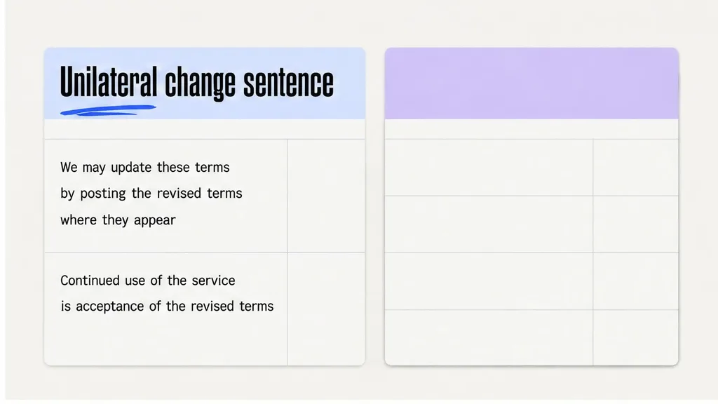 Dated terms PDF with a continued-use sentence highlighted