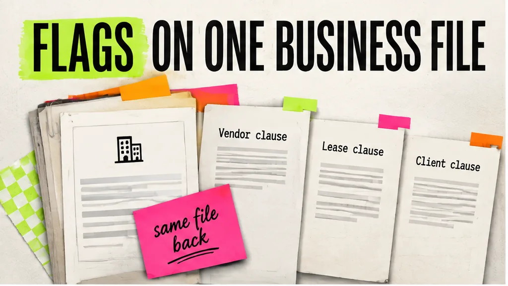 Small-business file with flags on a vendor clause, a lease clause and a client clause, no face