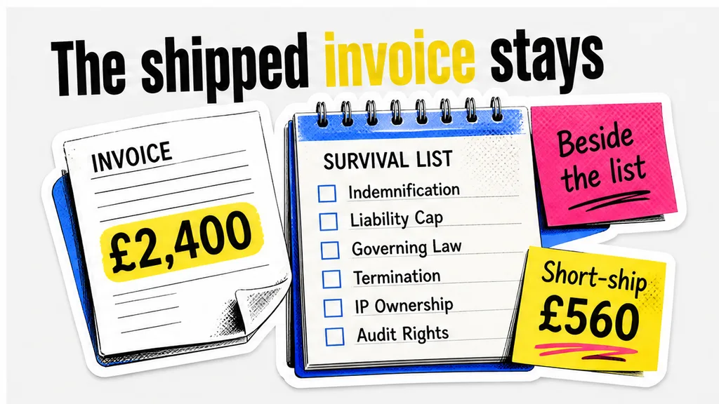 Accrued-rights preserve box beside a survival list and a £2,400 invoice