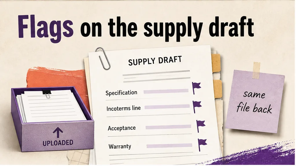Supply draft with flags on the specification, the Incoterms line, acceptance and the warranty, no face