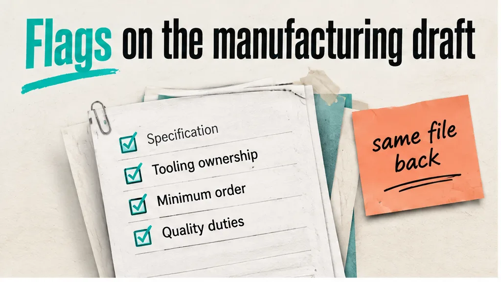 CMO draft with flags on the specification, tooling ownership, the minimum order and the quality duties, no face