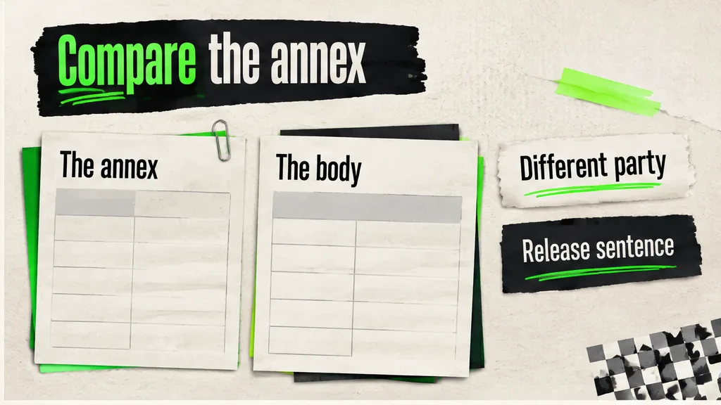A release sentence and a responsibilities annex marked on a quality agreement file, no face