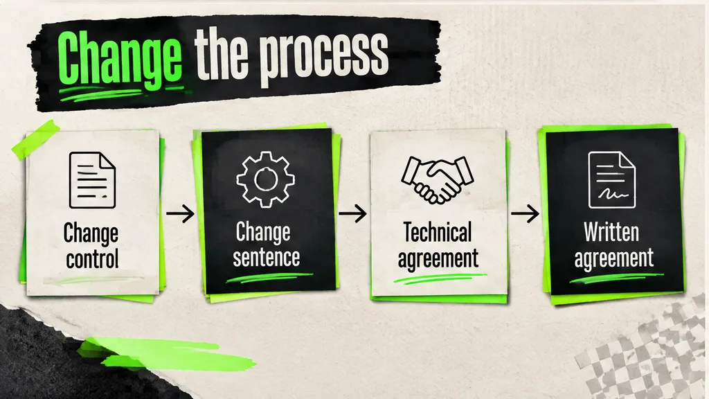 A change-control sentence marked on a technical agreement, no face