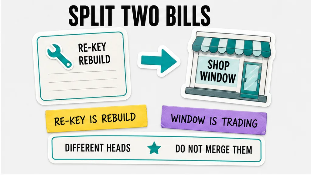 Two cards splitting a rebuild bill from a shop window