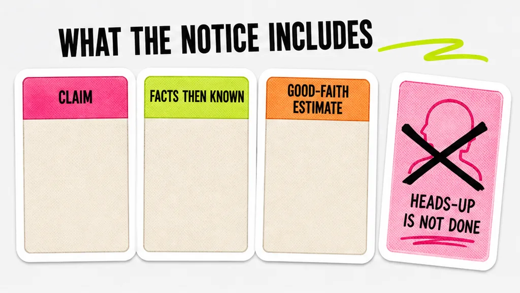 Three notice cards for claim, facts, and a good-faith estimate, with an empty heads-up crossed out
