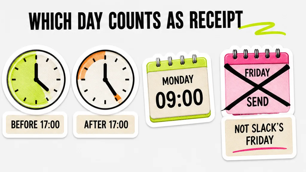 Receipt clock comparing a Friday send with Monday 09:00 deemed receipt