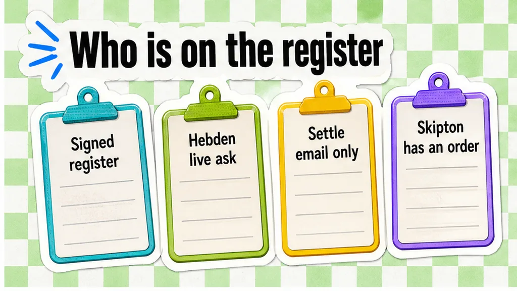 Four paper cards sorting Hebden, Settle, and Skipton onto a signed register, no face