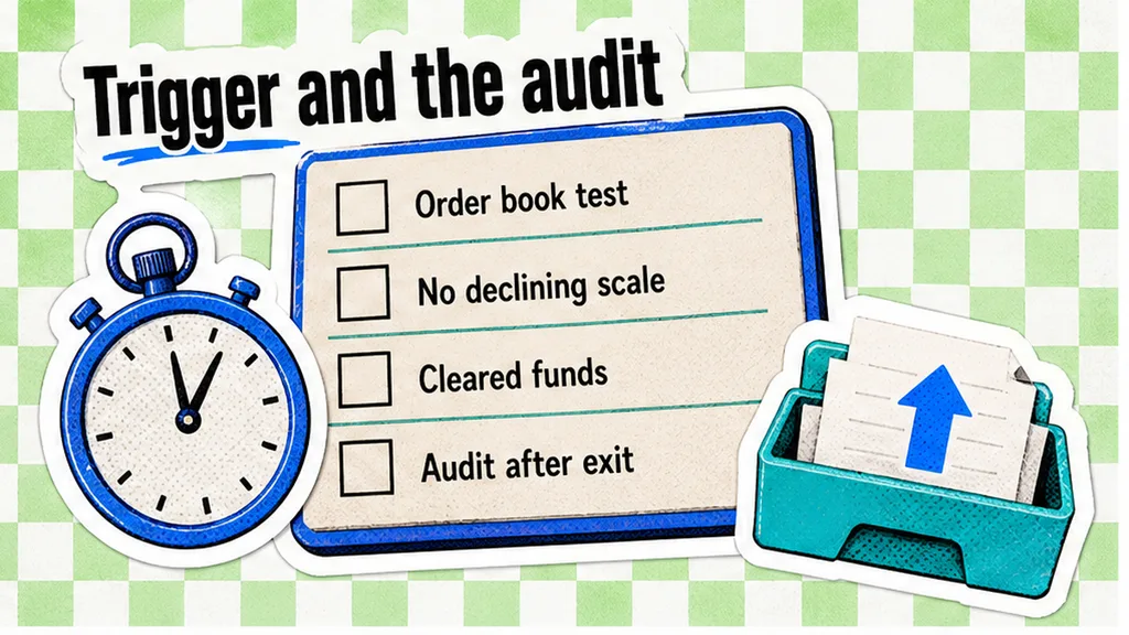Checklist of the order book, cleared funds, and an audit after exit, no face