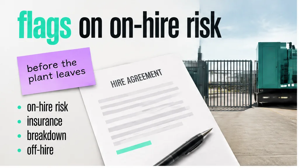 Plant hire draft with flags on on-hire risk, insurance, breakdown and off-hire, no face