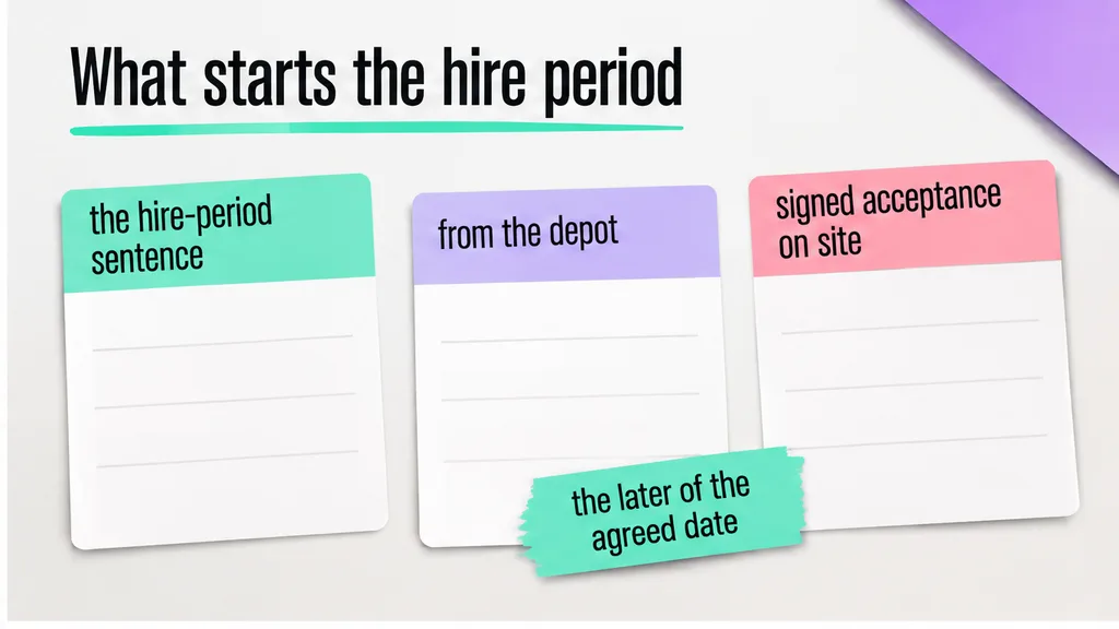 Hire-period sentence marked on a plant hire draft beside a depot gate