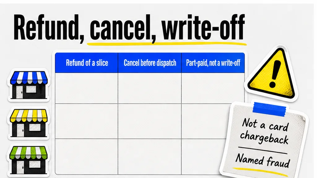 Refund, cancel, and write-off rows on a clawback log, no face