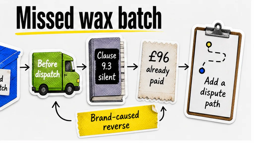 Missed wax batch beside a silent brand-fault clause, no face