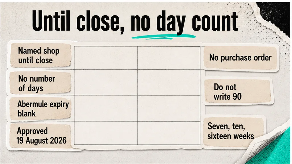 Until-close wording beside a blank Abermule expiry and shop weeks, no face