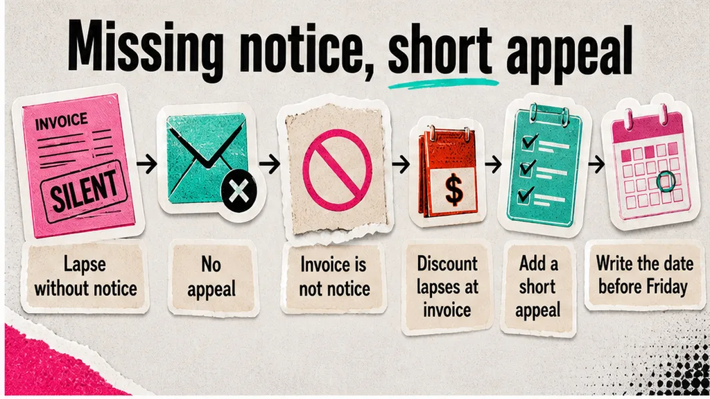 Silent invoice lapse beside a missing notice and a short appeal, no face