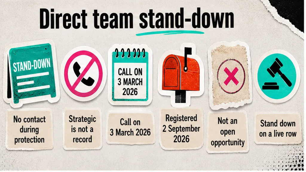 Direct-team stand-down rules for a live registration row, no face