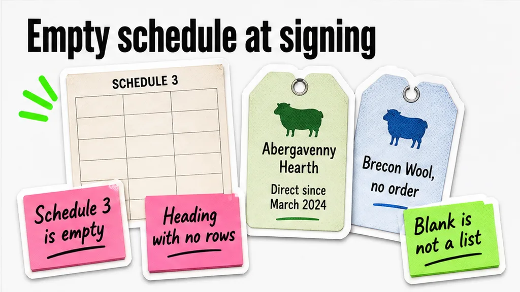 Empty Schedule 3 beside Abergavenny Hearth and Brecon Wool, no face