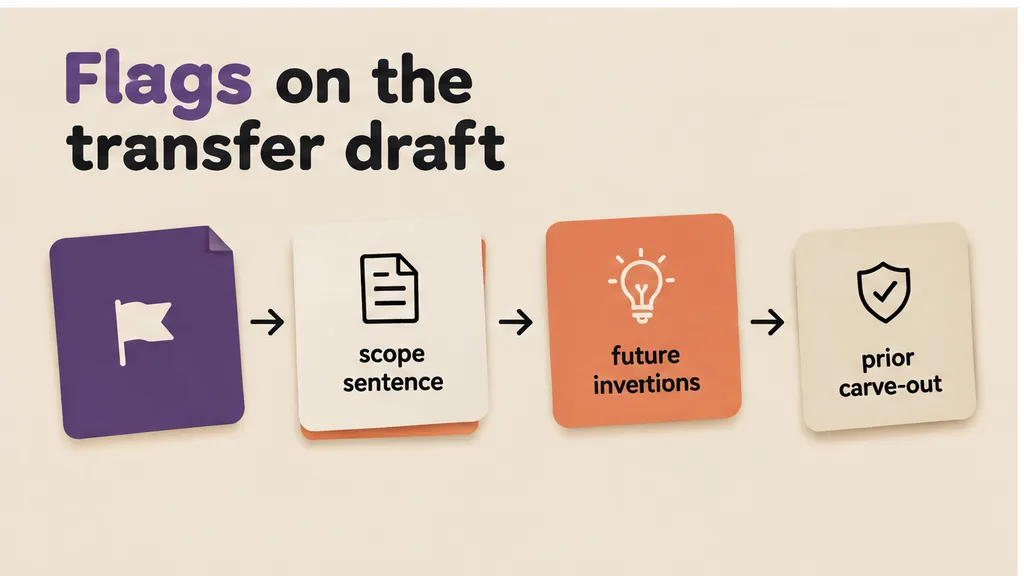Future-inventions sentence and a prior carve-out schedule marked on a transfer paper, paper only, no people