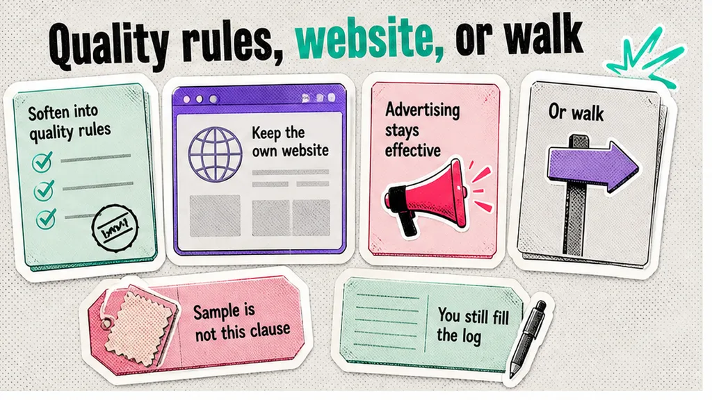 Comparison table: Before signing, soften the clause to quality rules, keep the own website, or walk