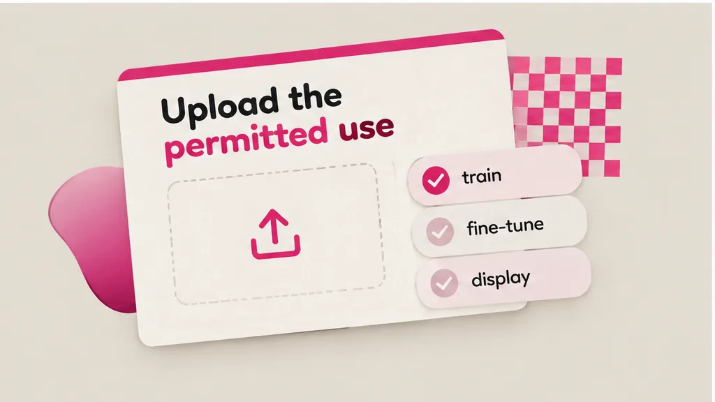 Permitted-use sentence highlighted on a dataset licence, train and fine-tune closed beside an open display line, no face