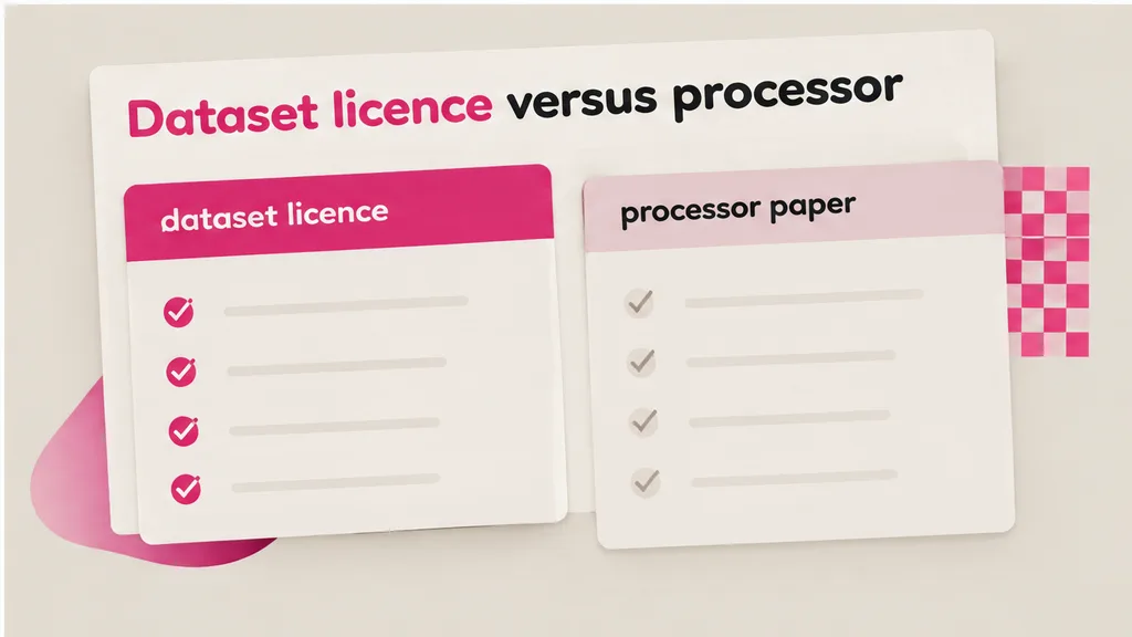 Dataset licence and a separate processor contract on a desk, no face