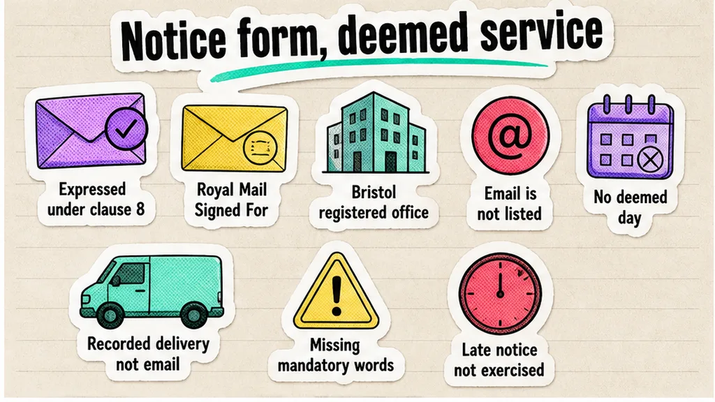 Notice form and deemed service: clause words, signed-for post, email is not listed, no face