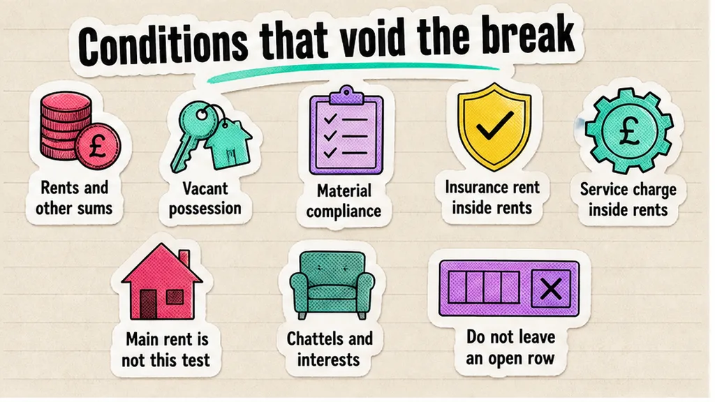 Conditions that can void the break: rents, vacant possession, and material compliance, no face