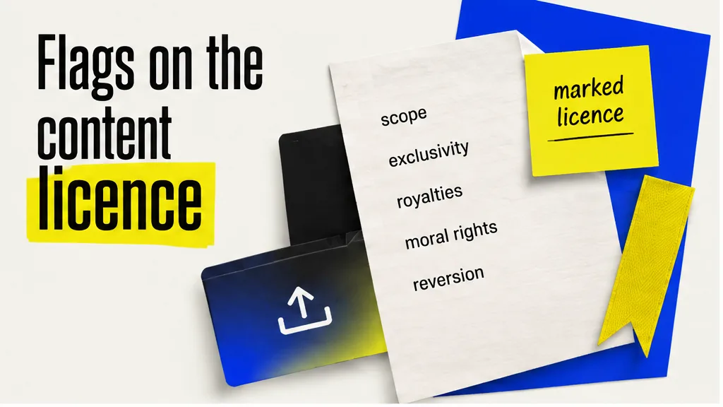 Content licence with flags on scope, exclusivity, royalties, moral rights and reversion, no face