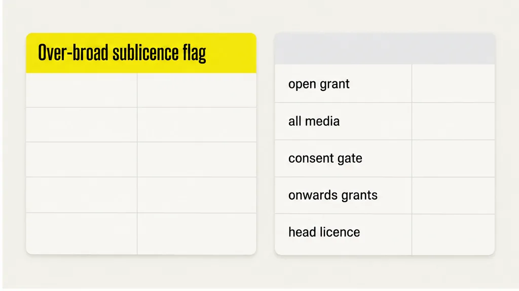 Over-broad sublicence flag on comparison cards beside open grant, all media, consent gate, onwards grants and head licence