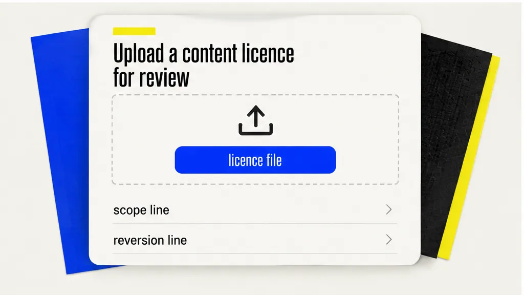 Upload card for a content licence showing the licence file, the scope line and the reversion line