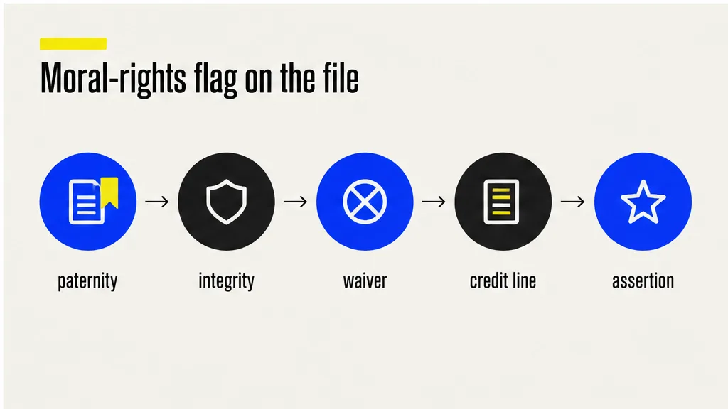 Moral-rights flag as a sequence of paternity, integrity, waiver, credit line and assertion