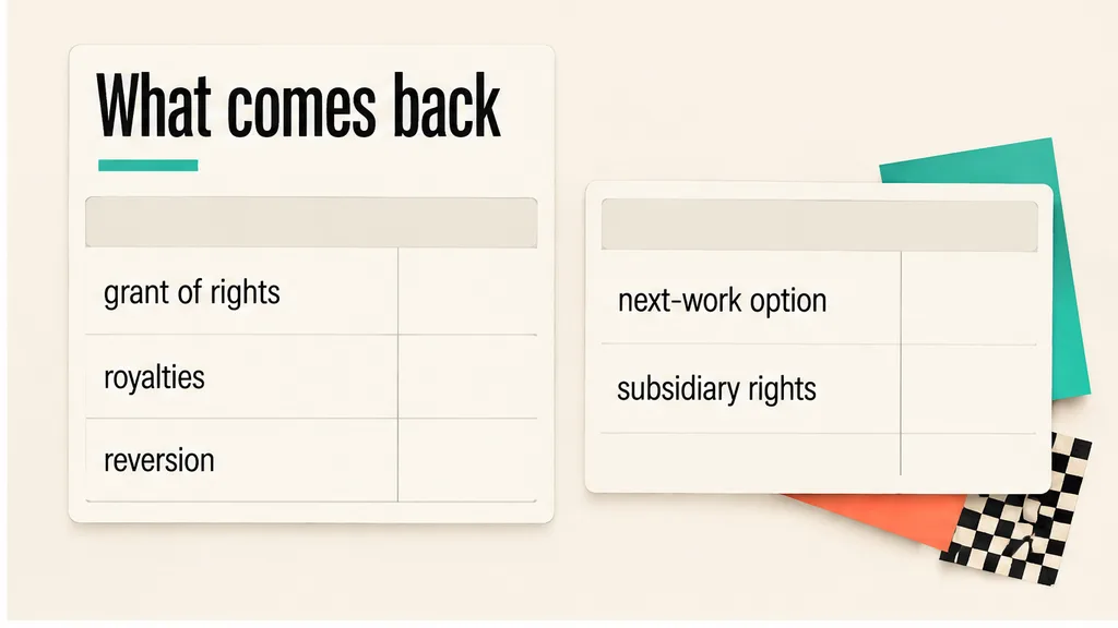Two comparison cards for grant of rights, royalties, reversion, the next-work option and subsidiary rights, no face