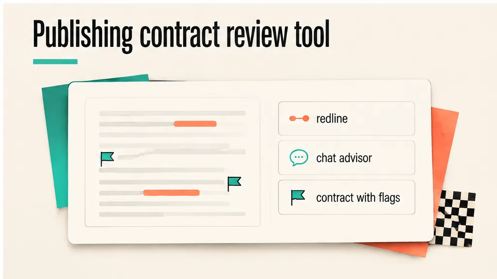 Upload card with a redline, a chat advisor and a contract with flags, no face