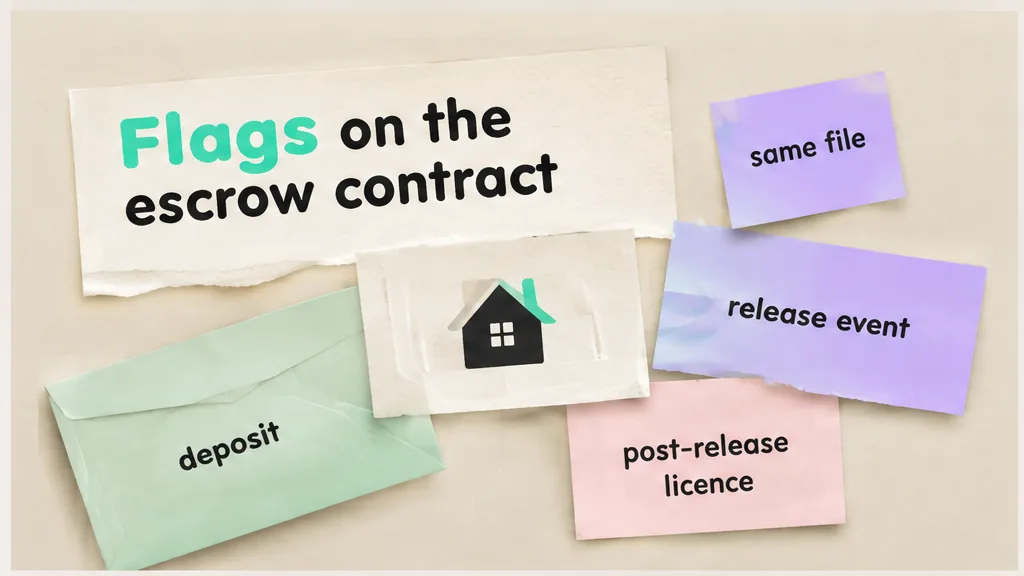 Escrow agreement with flags on the deposit, the release event and the post-release licence, no face
