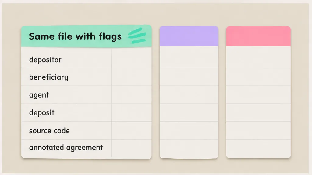 Comparison cards headed Same file with flags, with rows for depositor, beneficiary, agent, deposit, source code and annotated agreement, no face